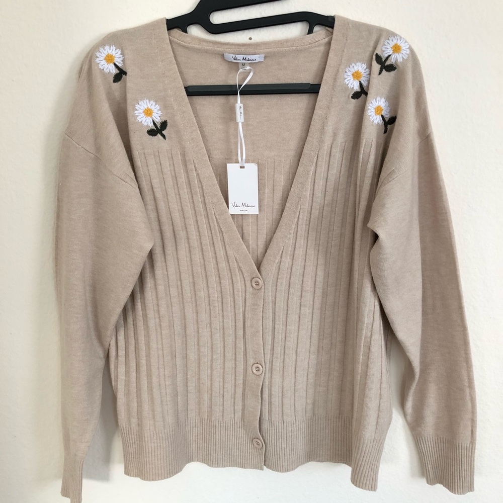 Vila Milano Beige Daisy Embroidered Cardigan Sweater M